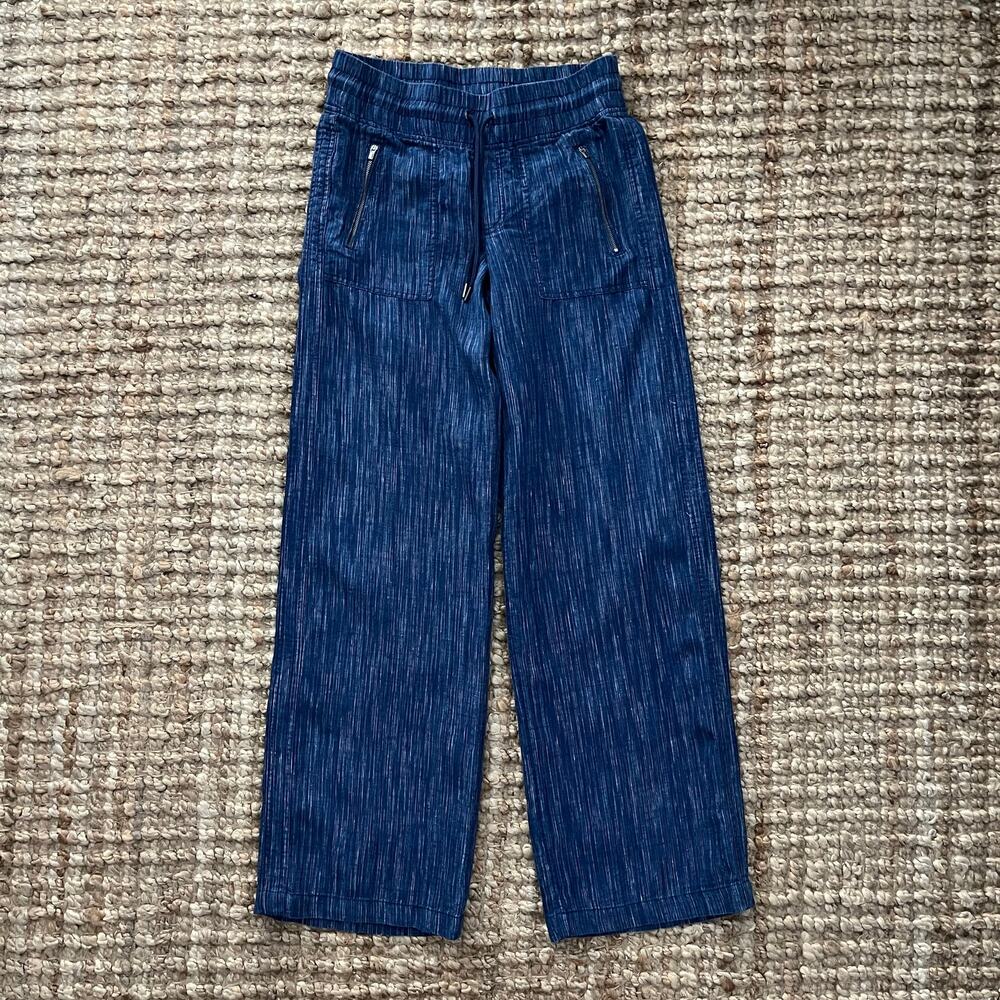 Athleta Cabo 100% Linen Wide Leg Pants Blue Size 6 Tall Elastic Band Resort Wear
